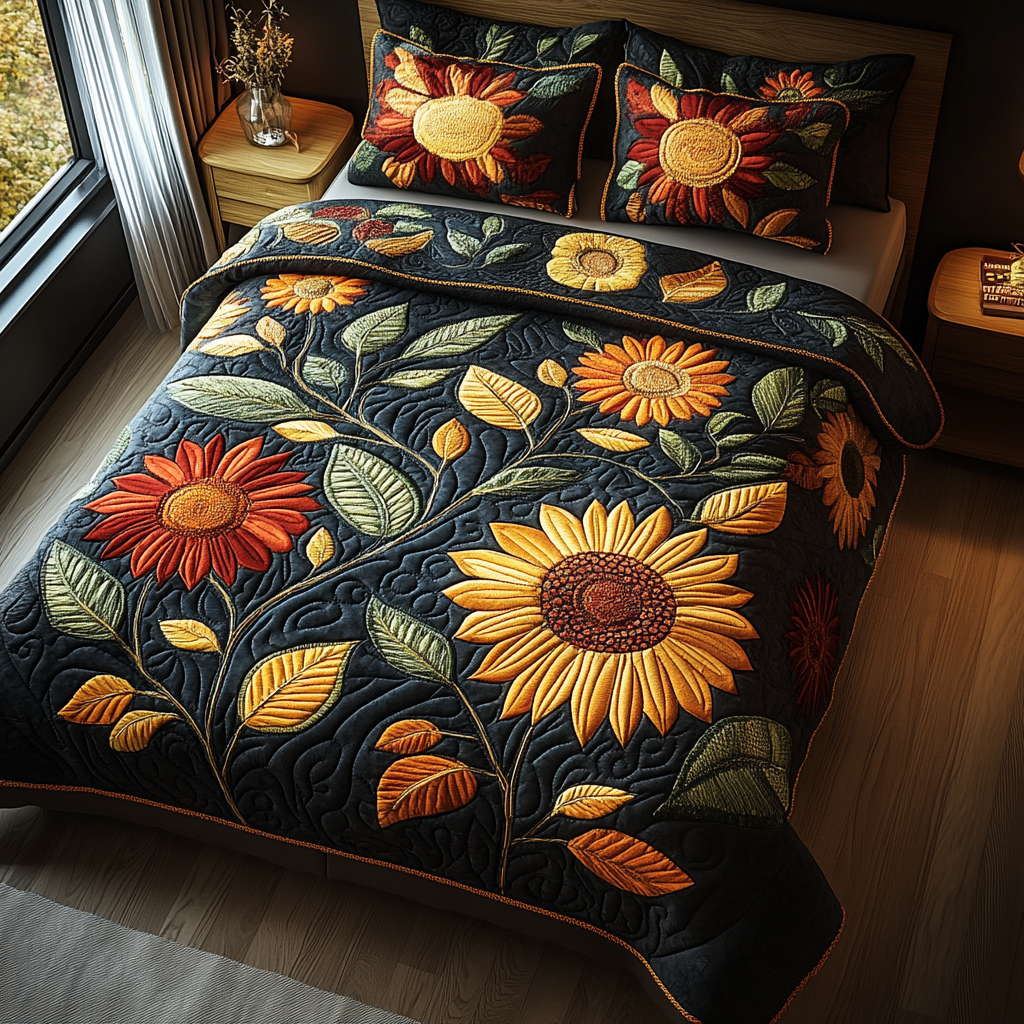 Amber Glow Quilted Bedding Set Sunflower Gifts For Her