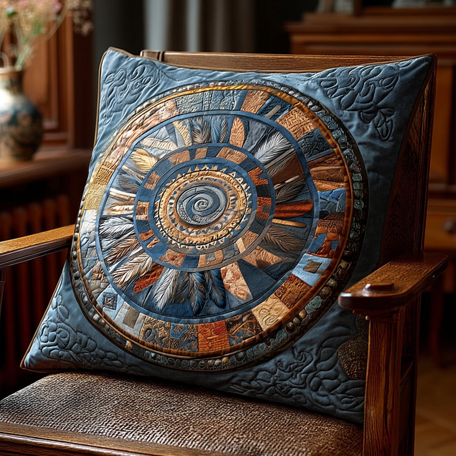Ancient Feathers Quilted Pillow Case Decorative Pillow Covers Native American Gifts