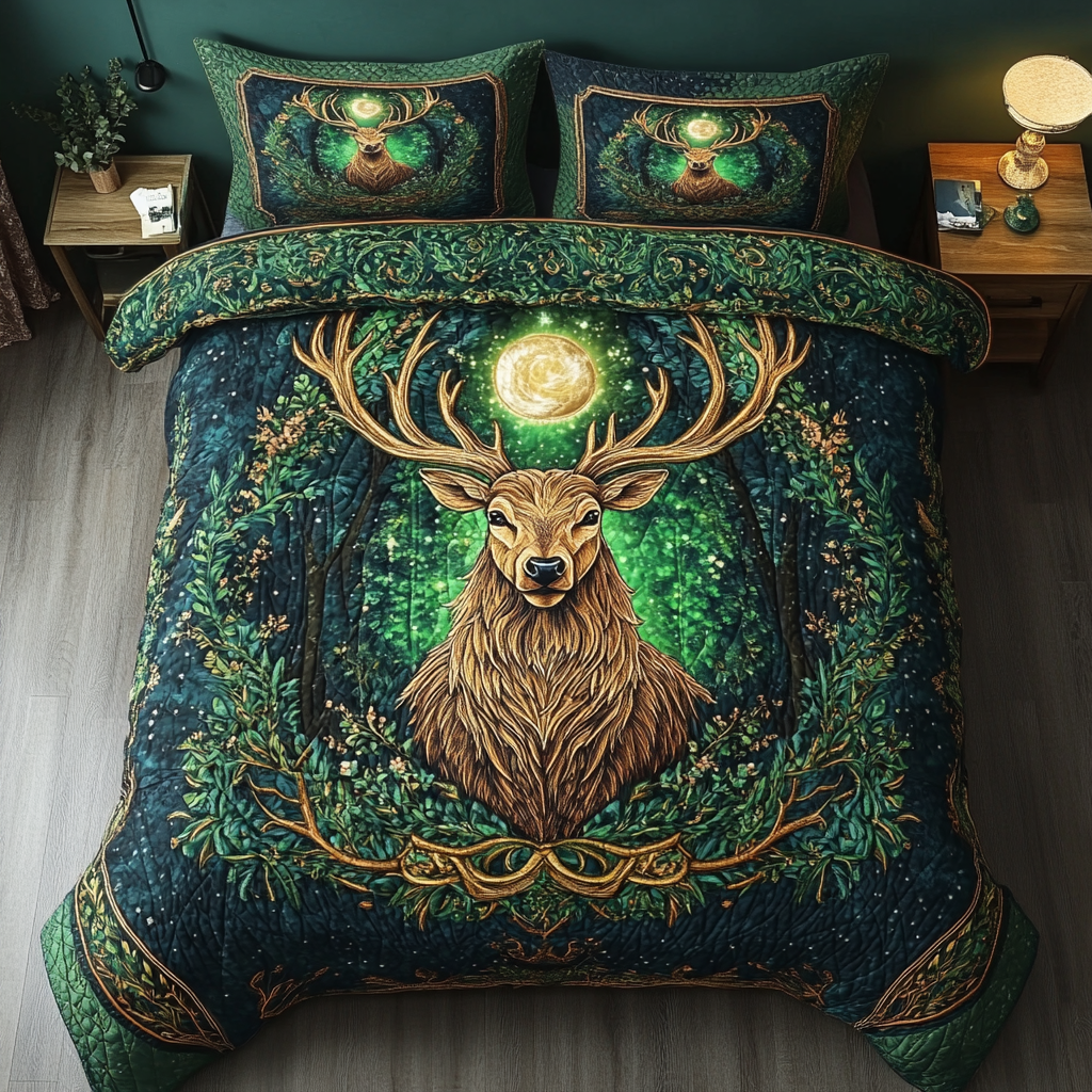 Antler Elegance Quilted Bedding Set Fleece Blanket With Deer