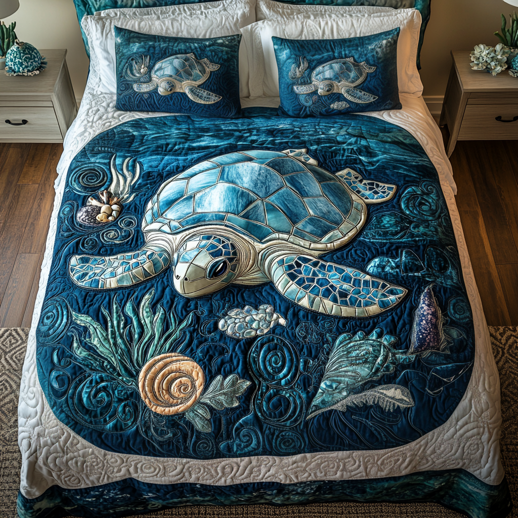 Aqua Drift Quilted Bedding Set Christmas Gifts For Turtle Lovers