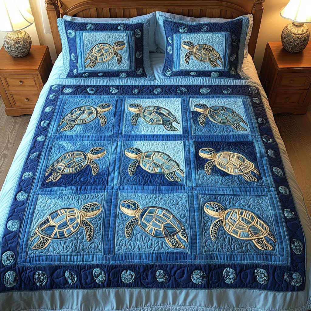 Aqua Patterns Quilted Bedding Set Turtle Gifts For Turtle Lovers