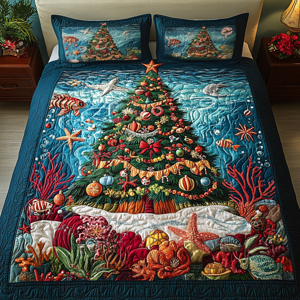 Aqua Tree Quilted Bedding Set Ocean Themed Gift Ideas
