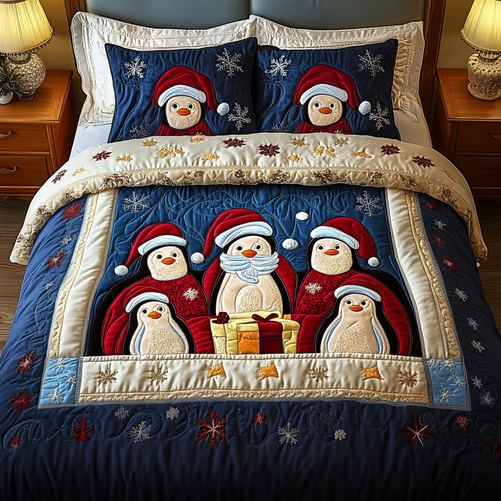 Arctic Joy Quilted Bedding Set Gift For Penguin Lover