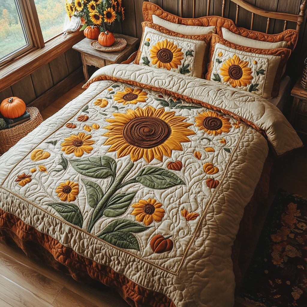 Autumn Sunrise Quilted Bedding Set Sunflower Presents