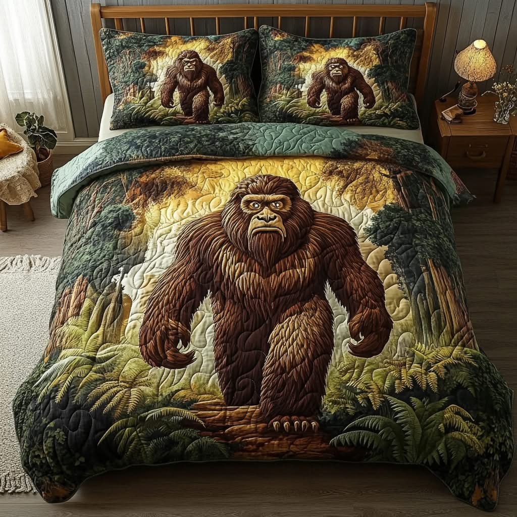 Bigfoot Dreams Quilted Bedding Set Mythical Creature Bedspread Set Sasquatch Themed Gifts
