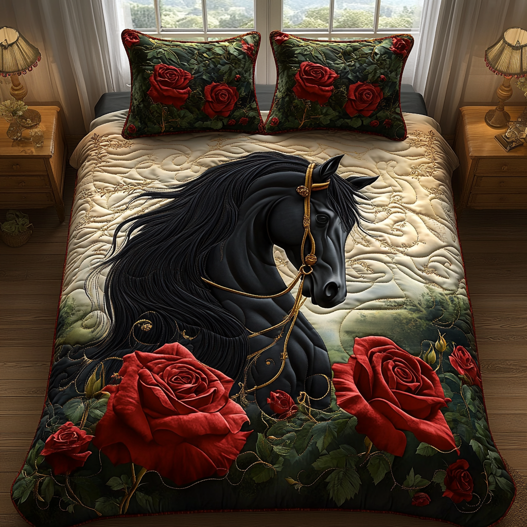 Black Horse Charm Quilted Bedding Set Cozy Bedroom Decor Birthday Presents For Horse Lovers