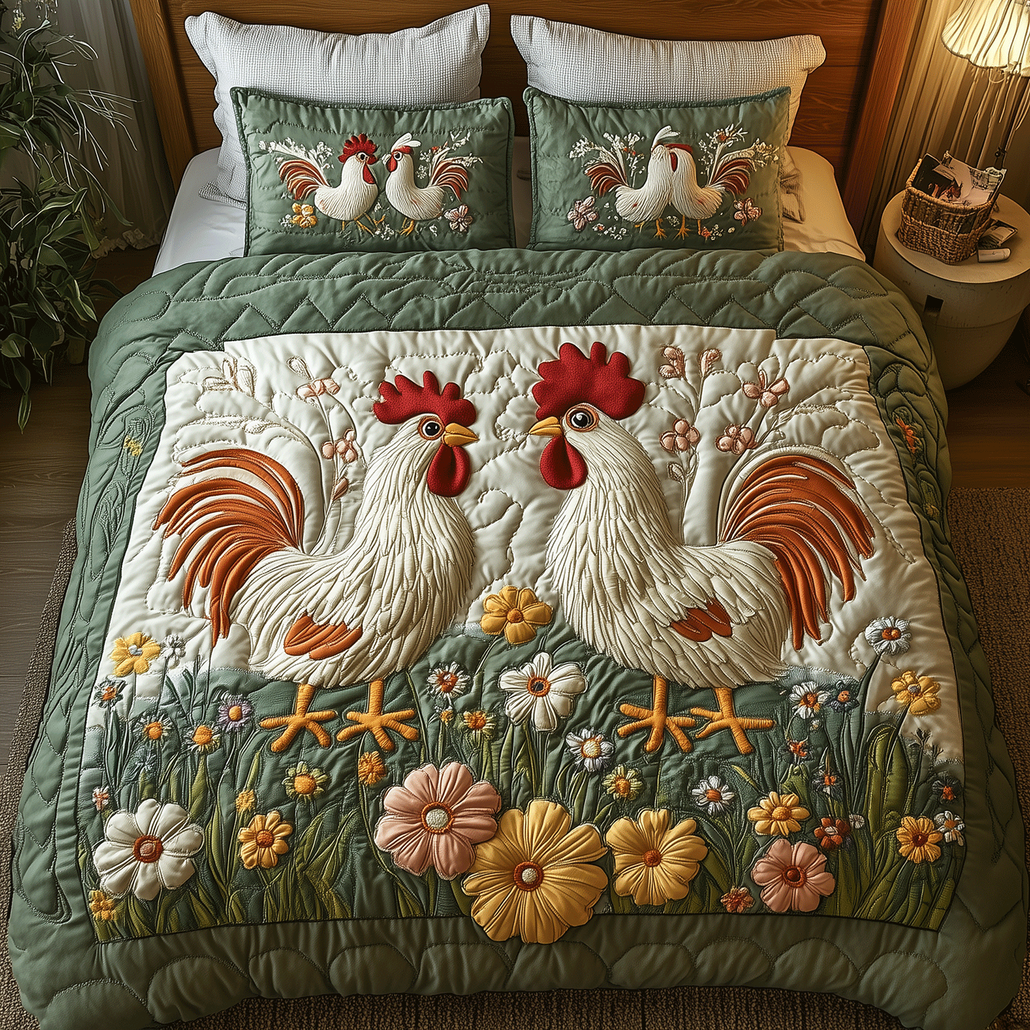 Blooming Chicken Haven Quilted Bedding Set Gifts With Chickens On Them