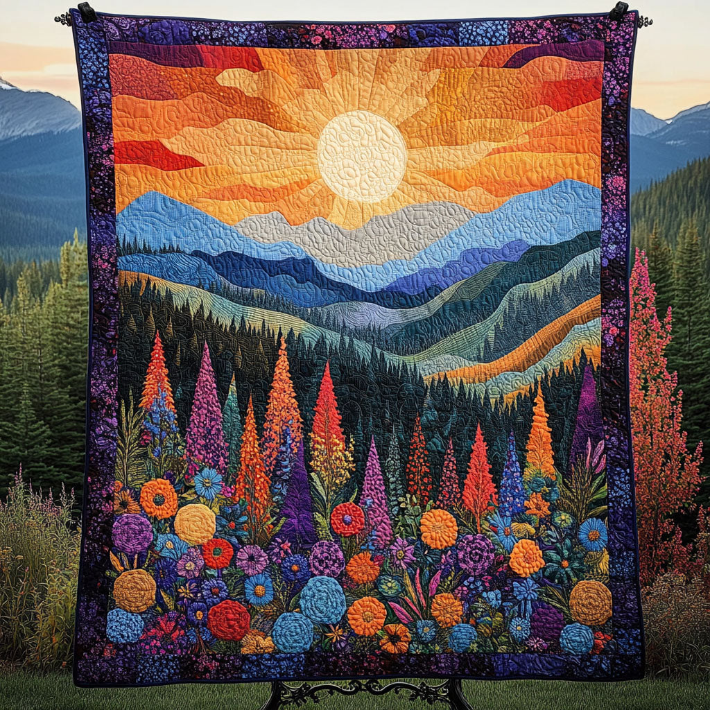 Blooming Mountain Sunrise Quilted Blanket Christmas Throw Blanket Gift For Nature Lovers