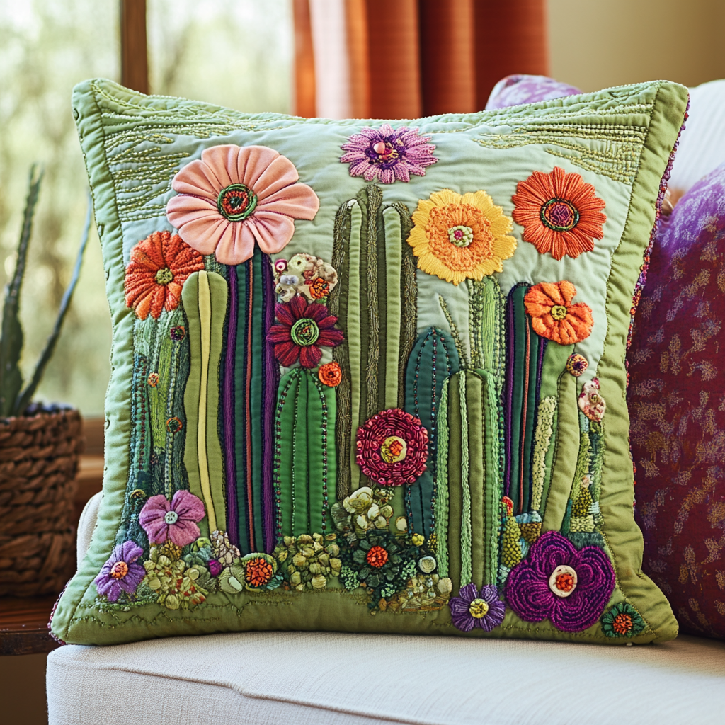 Blooming Prickles Quilted Pillow Case Cute Pillow Covers Gifts For Cactus Lovers
