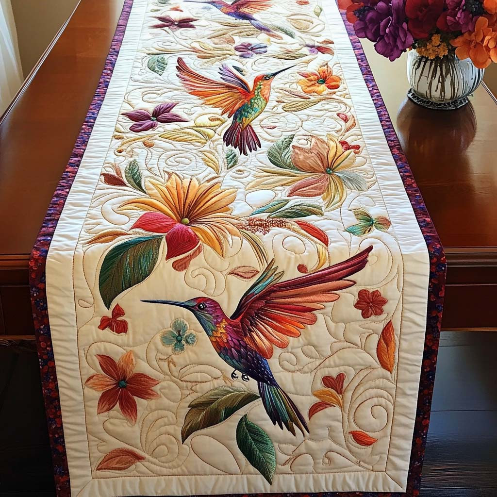 Blossom Wings Quilted Table Runner Hummingbird Unique Gift For Wife
