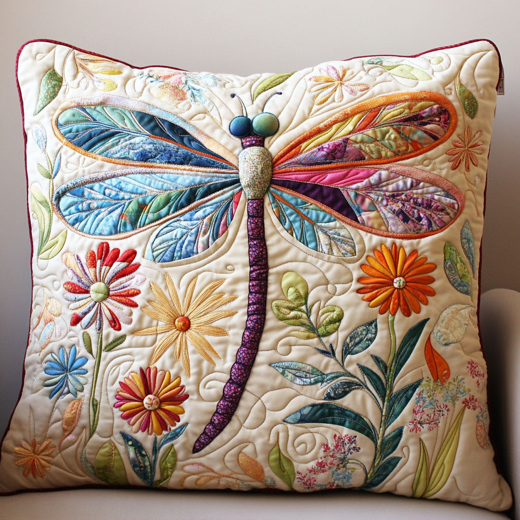 Blossoms and Wings Quilted Pillow Case Decorative Throw Pillow Covers Dragonfly Gifts For Her