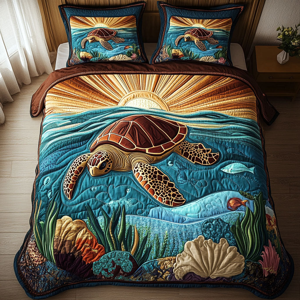 Blue Lagoon Turtle Quilted Bedding Set Blanket Ocean