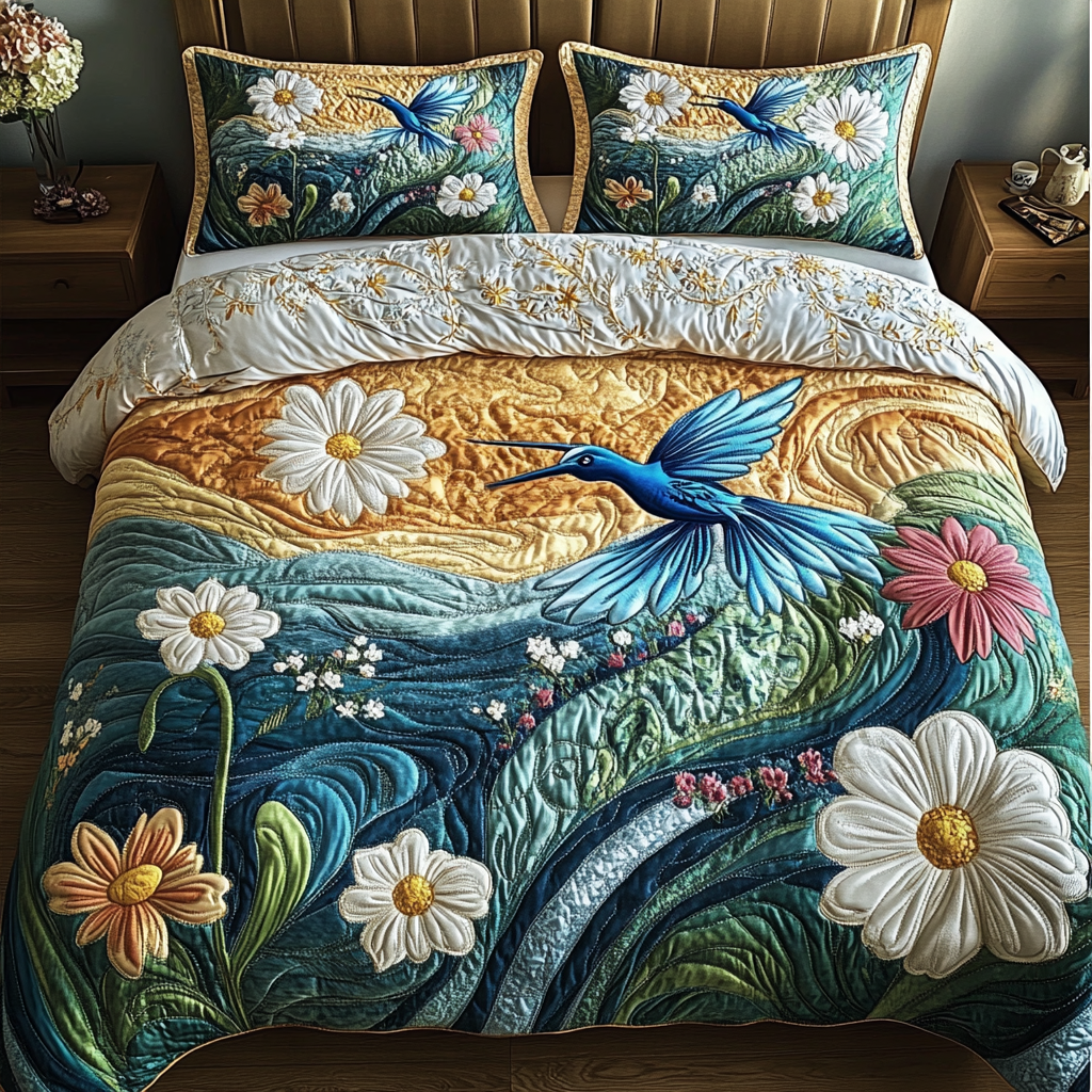 Blue Serenity Quilted Bedding Set Bedroom Decor Gifts For Hummingbird Watchers