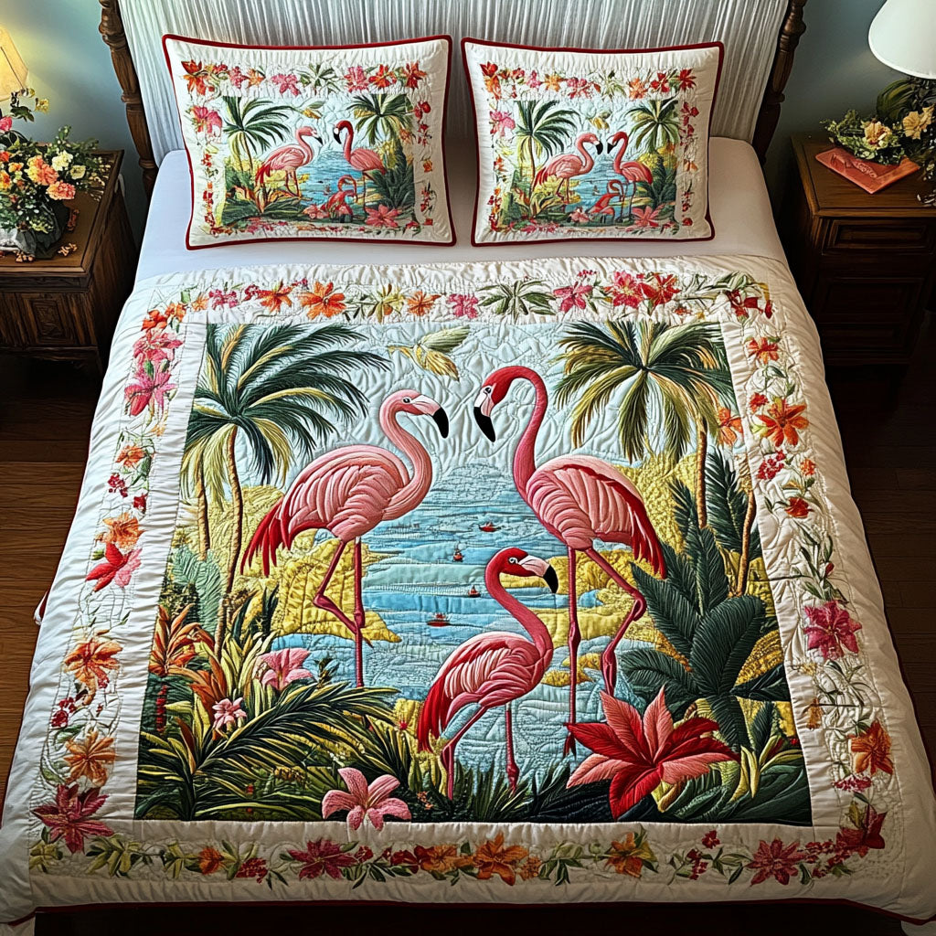 Blush Feathers Quilted Bedding Set Flamingo Theme Gifts