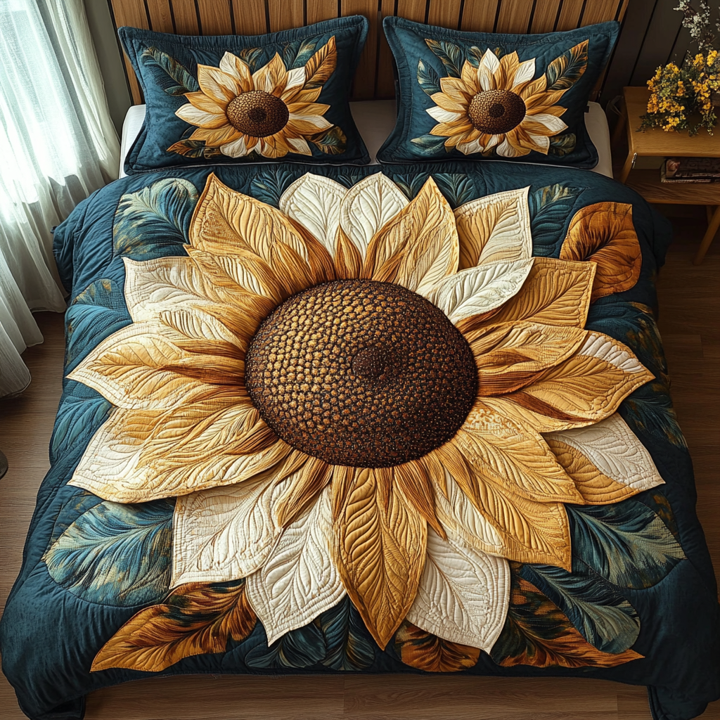 Boho Bloom Quilted Bedding Set Sunflower Gifts For Friends