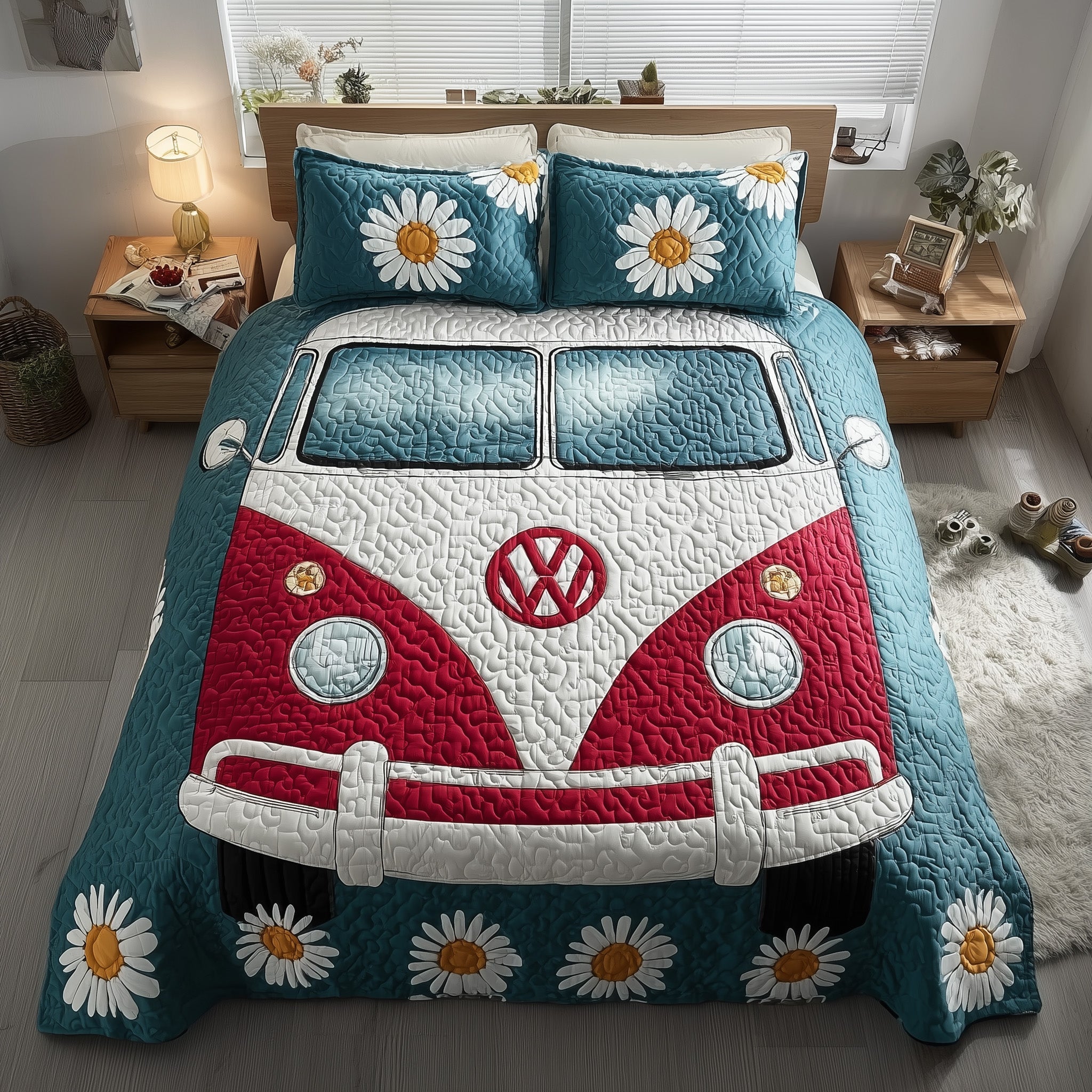 Boho Van Quilted Bedding Set Retro Hippie Bus With Flowers Vintage Decor Gift For Travel Lovers