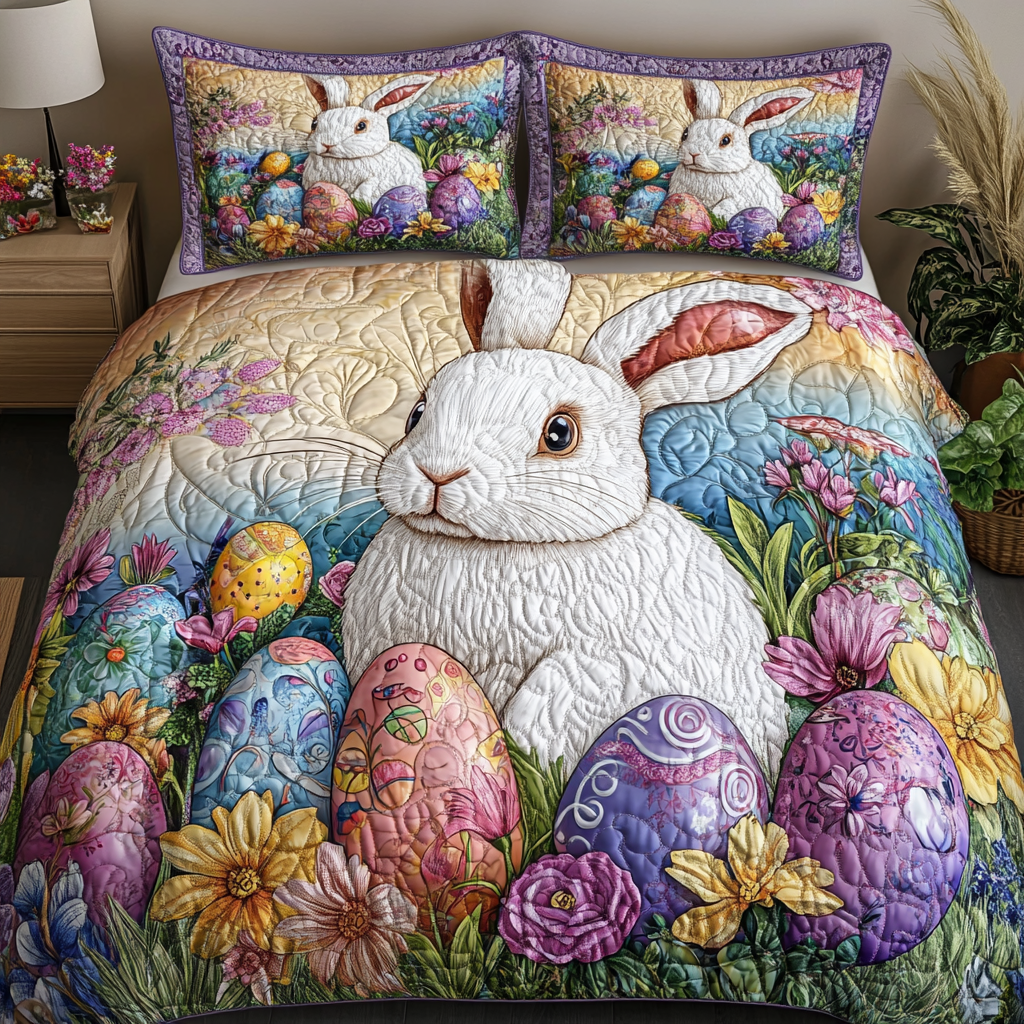 Bunny Meadows Quilted Bedding Set Holiday Season Duvet Cover Set Unique Easter Gifts