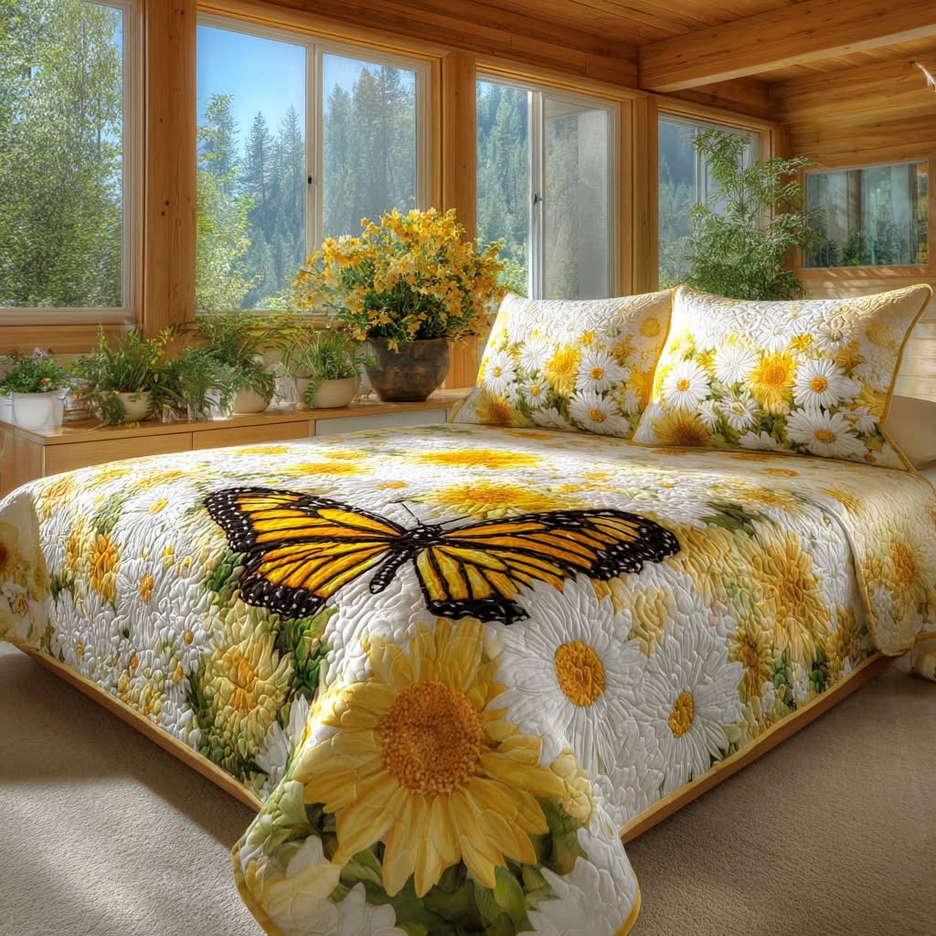 Butterfly And Daisy Quilted Bedding Set Sunshine Nature Inspired Bed Sheet Set Bed Decorations