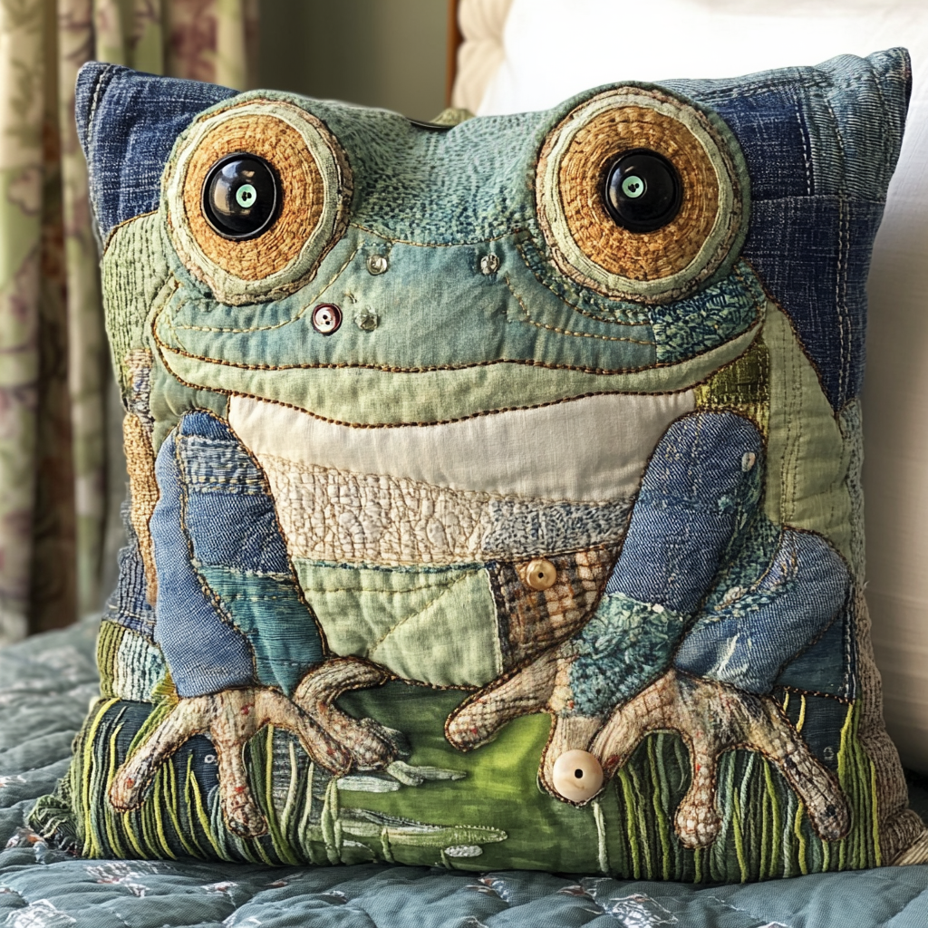 Button Eyes Quilted Pillow Case Cute Pillow Covers Frog Gifts For Men