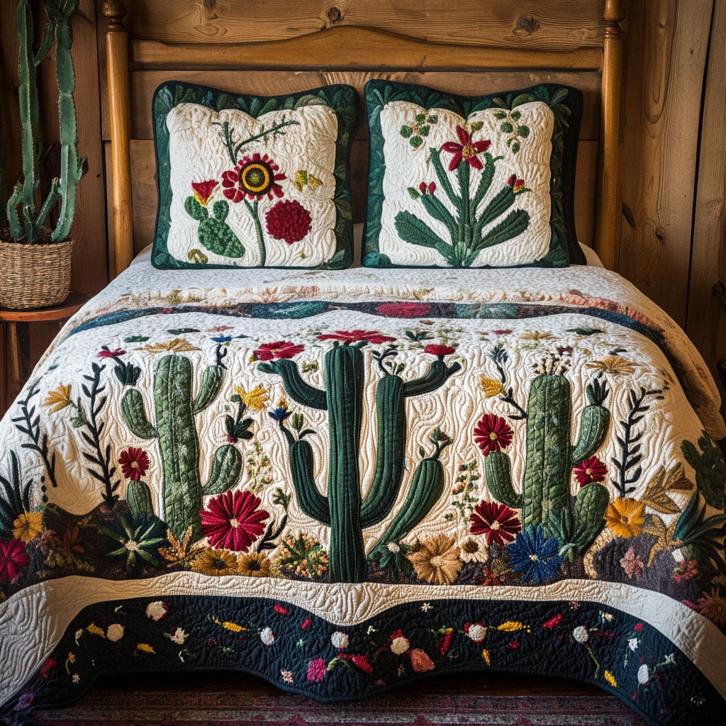Cactus Glow Quilted Bedding Set Cute Cactus Gifts