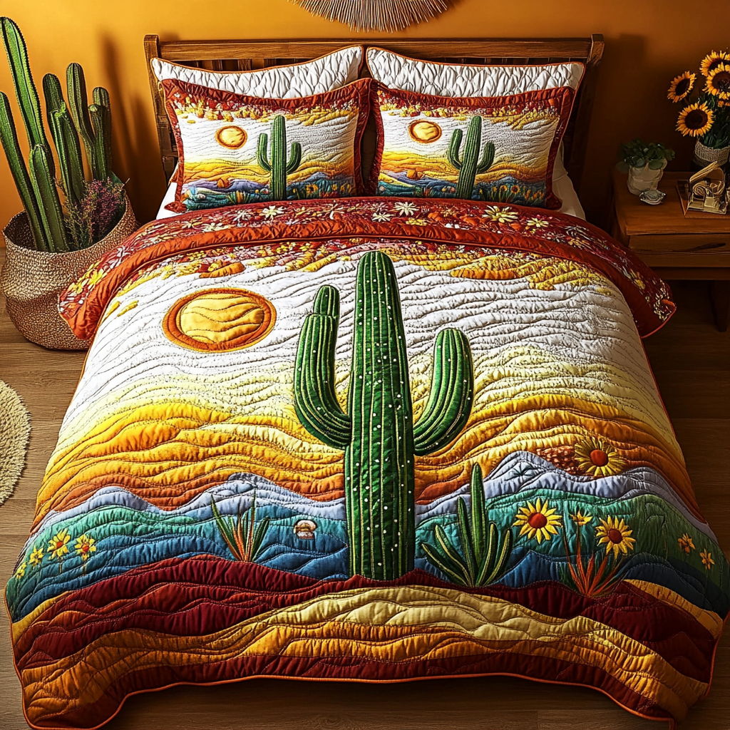 Cactus Serenity Quilted Bedding Set Bed Decorations Best Unique Cactus Gifts