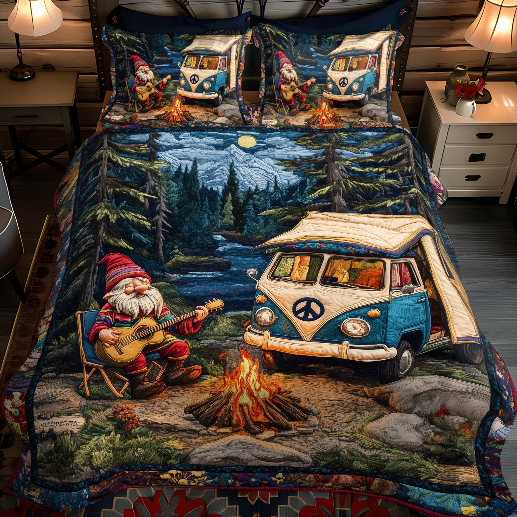 Campfire Tunes Quilted Bedding Set Gnome Gifts For Her