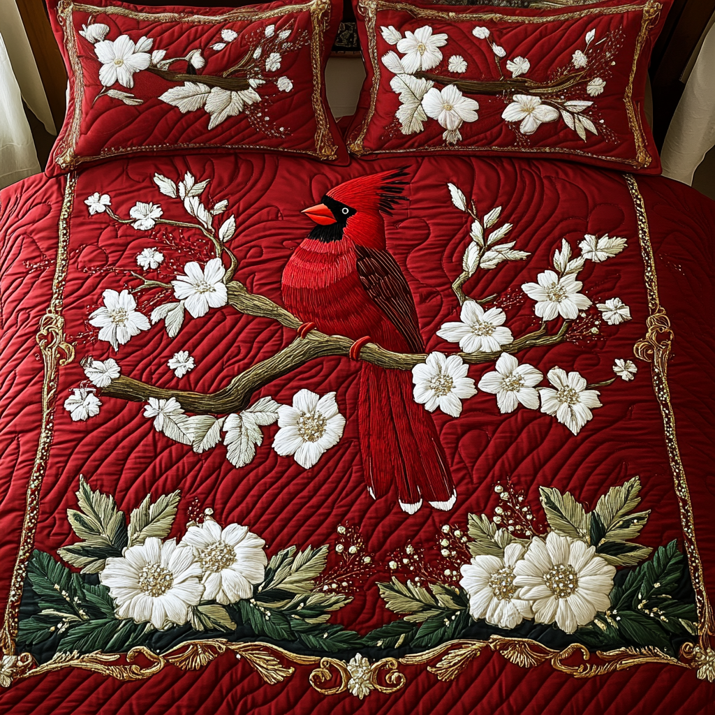 Cardinal Serenity Quilted Bedding Set Gifts For Birders