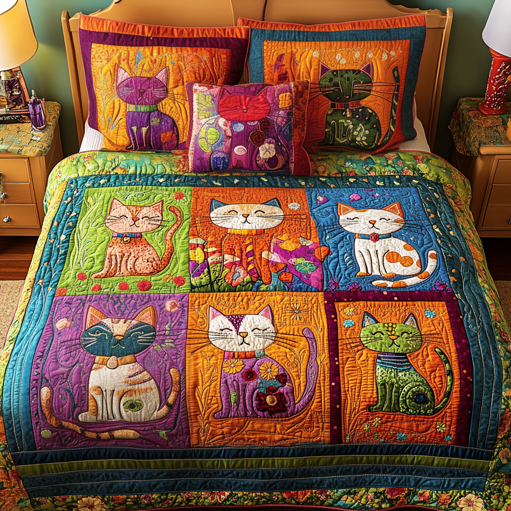Cat Bliss Quilted Bedding Set Cat Person Gifts