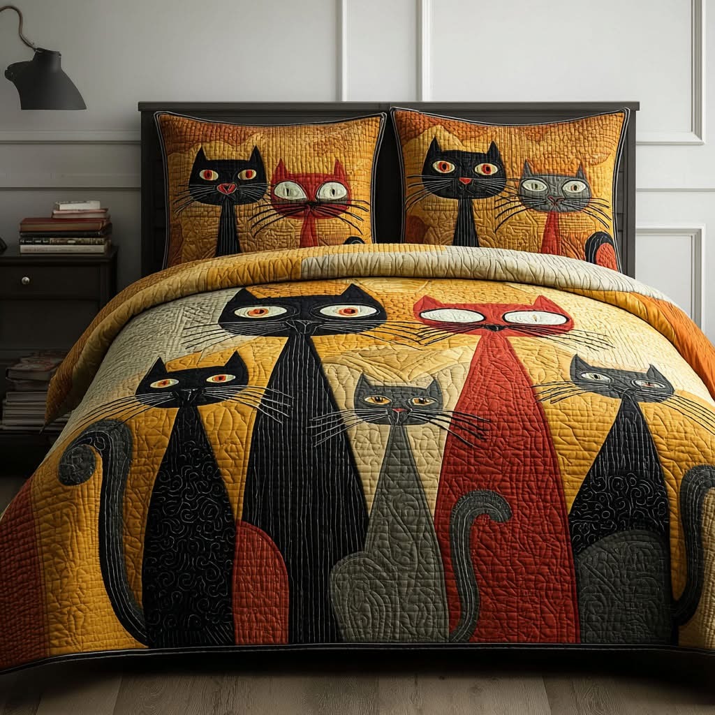 Cat Companions Quilted Bedding Set Whimsical Animal Bed Room Decoration Gifts For Cat Lovers
