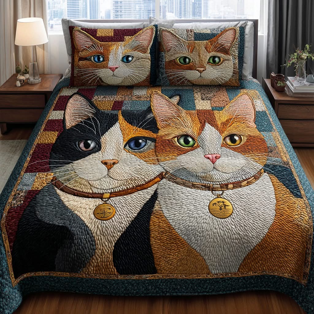 Cat Happy Quilted Bedding Set Cute Animal Patchwork Bed Sheet Set Present For Cat Lovers