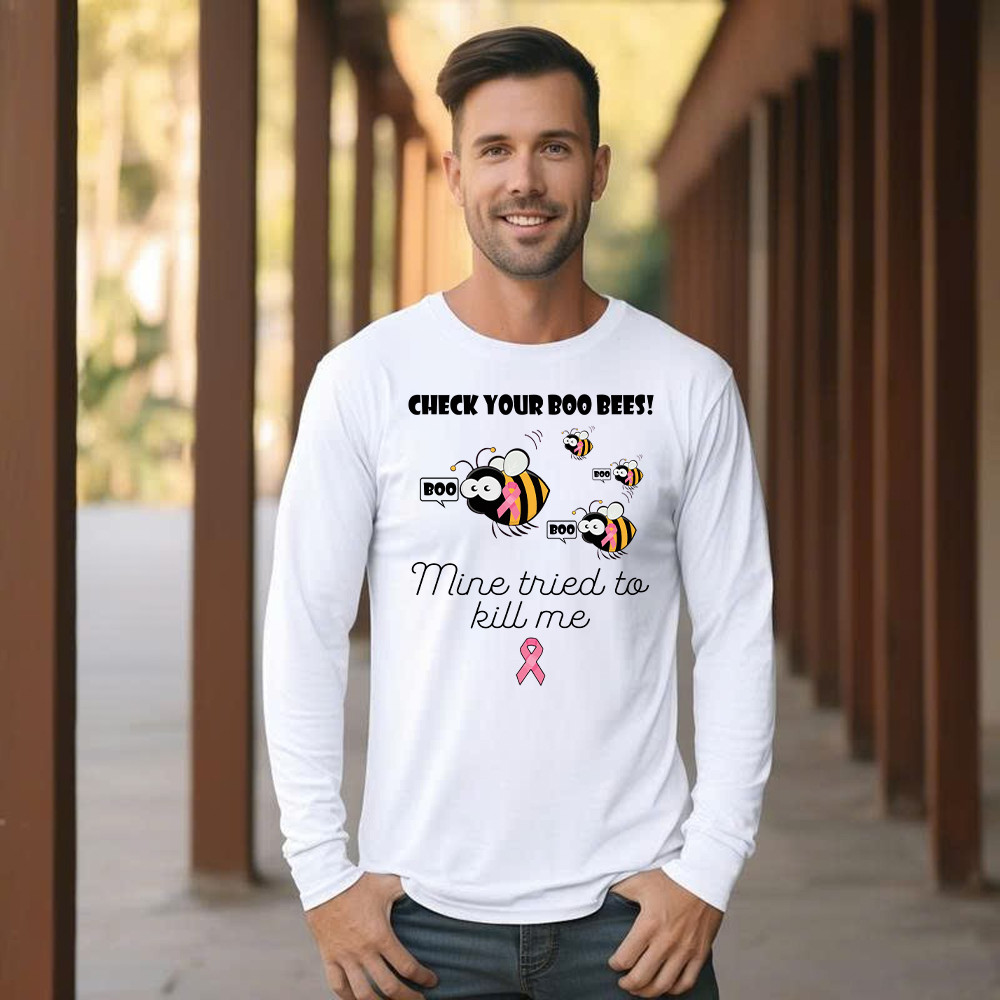 Check Your Boo Bees Long Sleeve Shirt Breast Cancer Ribbon Funny Bee Shirts Gift For Patients Basgiathsweatshirts - Image 5