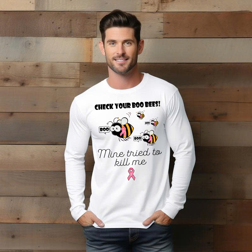 Check Your Boo Bees Long Sleeve Shirt Breast Cancer Ribbon Funny Bee Shirts Gift For Patients Basgiathsweatshirts - Image 4