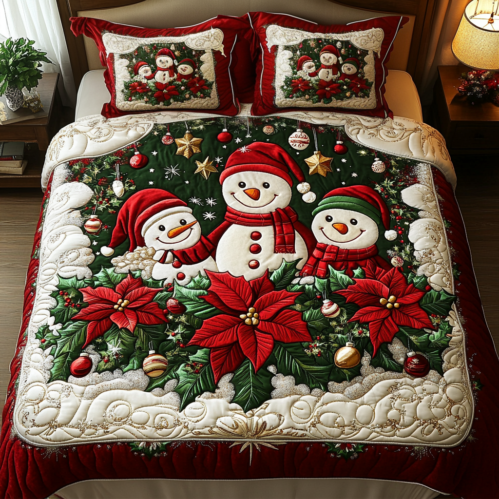 Cheerful Snow Quilted Bedding Set Christmas Presents 2024
