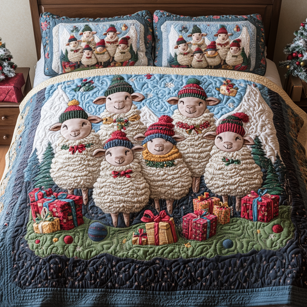 Christmas Baah Quilted Bedding Set Presents For Sheep Lovers