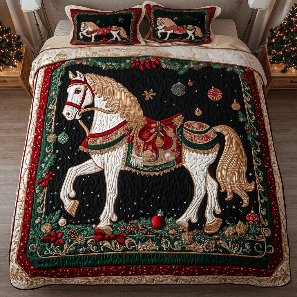 Christmas Carousel Quilted Bedding Set Gifts For Horse Lovers
