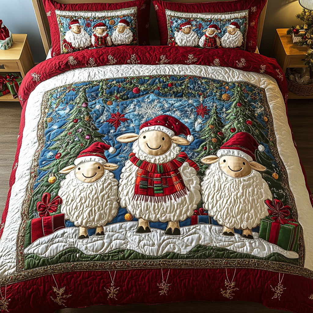 Christmas Flock Quilted Bedding Set Presents For Sheep Farmers