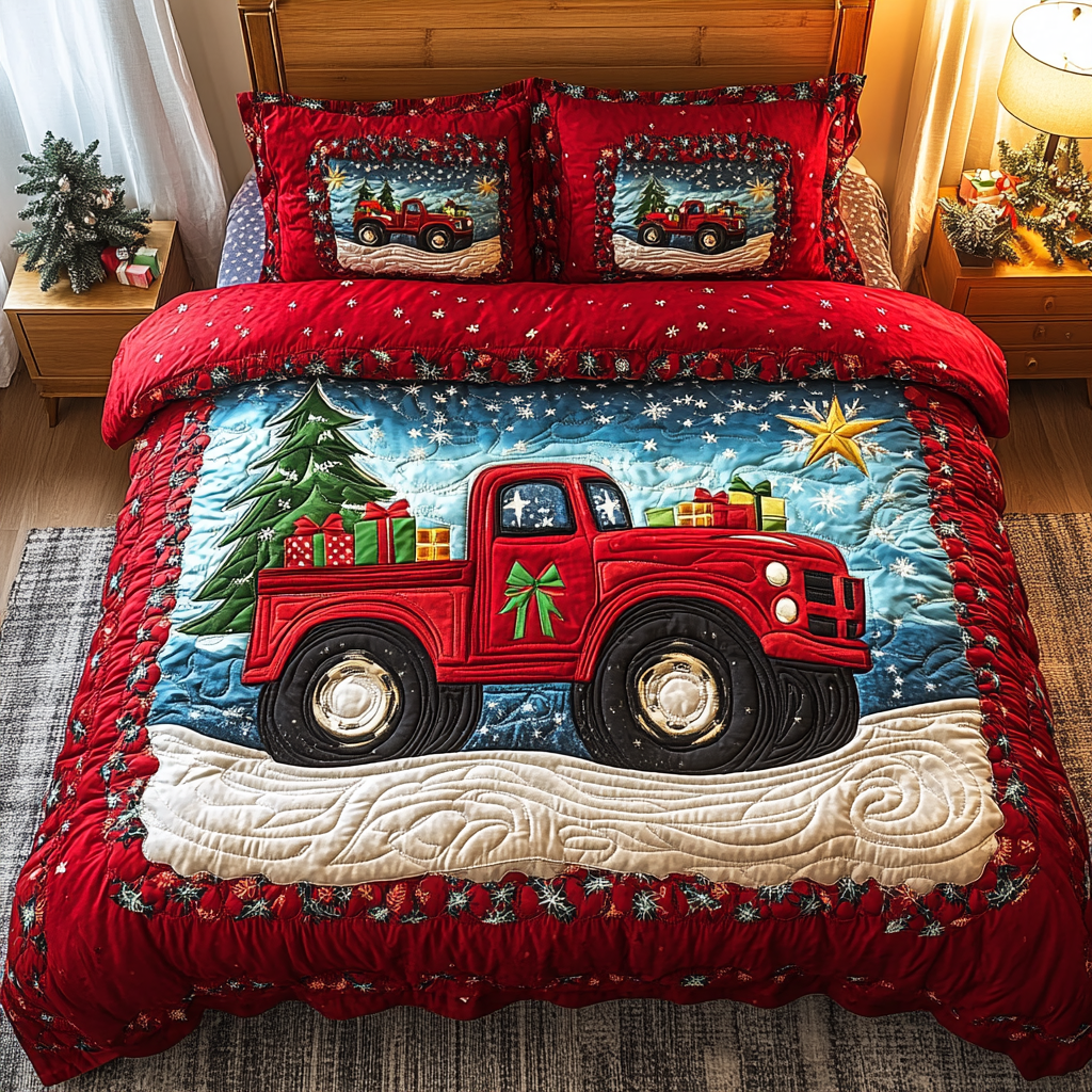 Christmas Truck Trek Quilted Bedding Set Mum And Daughter Gifts