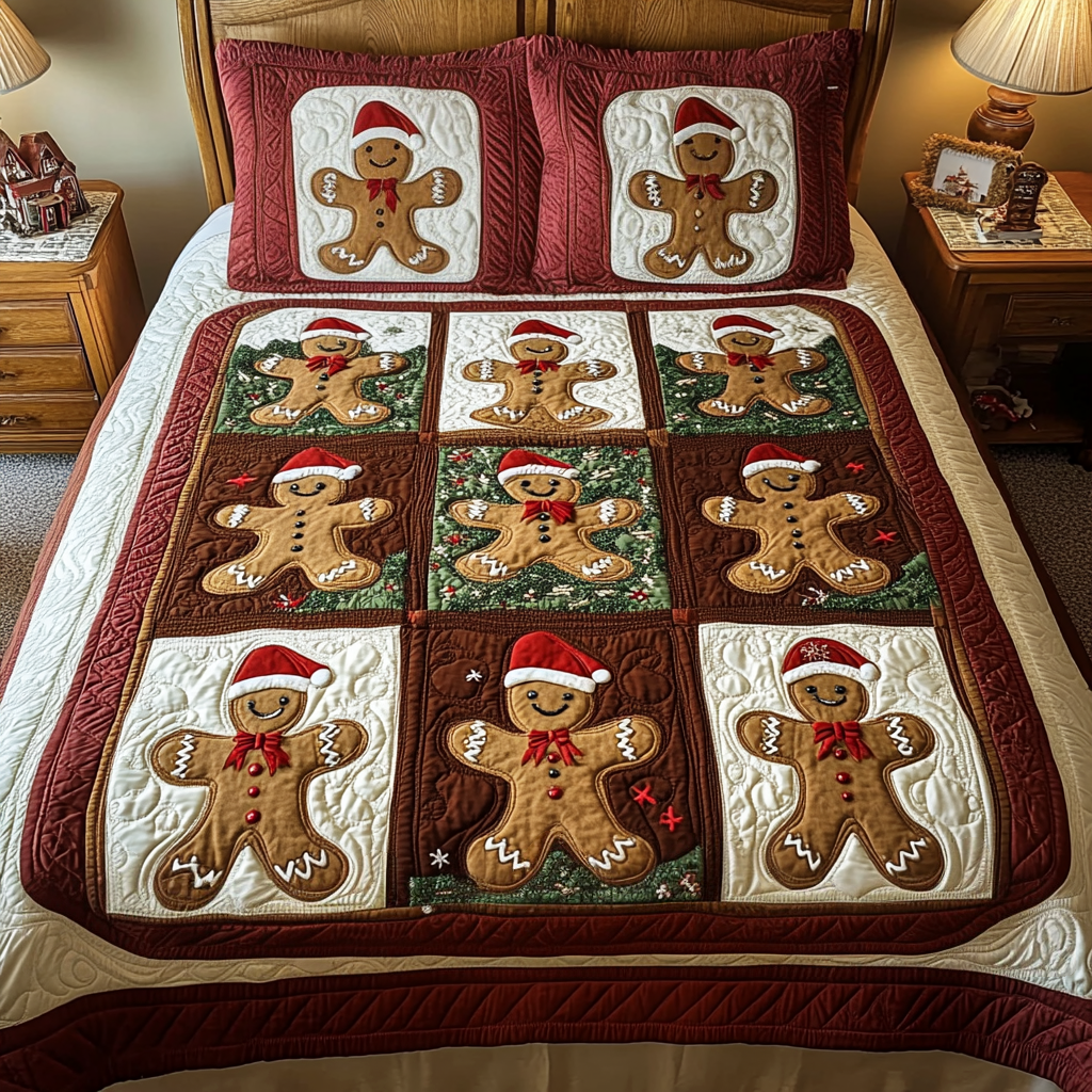 Cinnamon Cheer Quilted Bedding Set Gingerbread Man Gifts