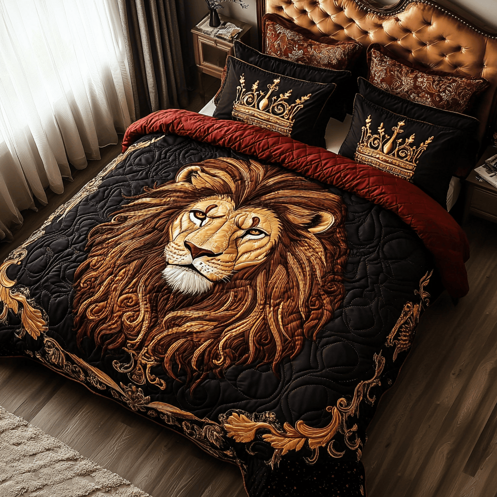 Courageous Majesty Quilted Bedding Set Lion Gifts For Him Her