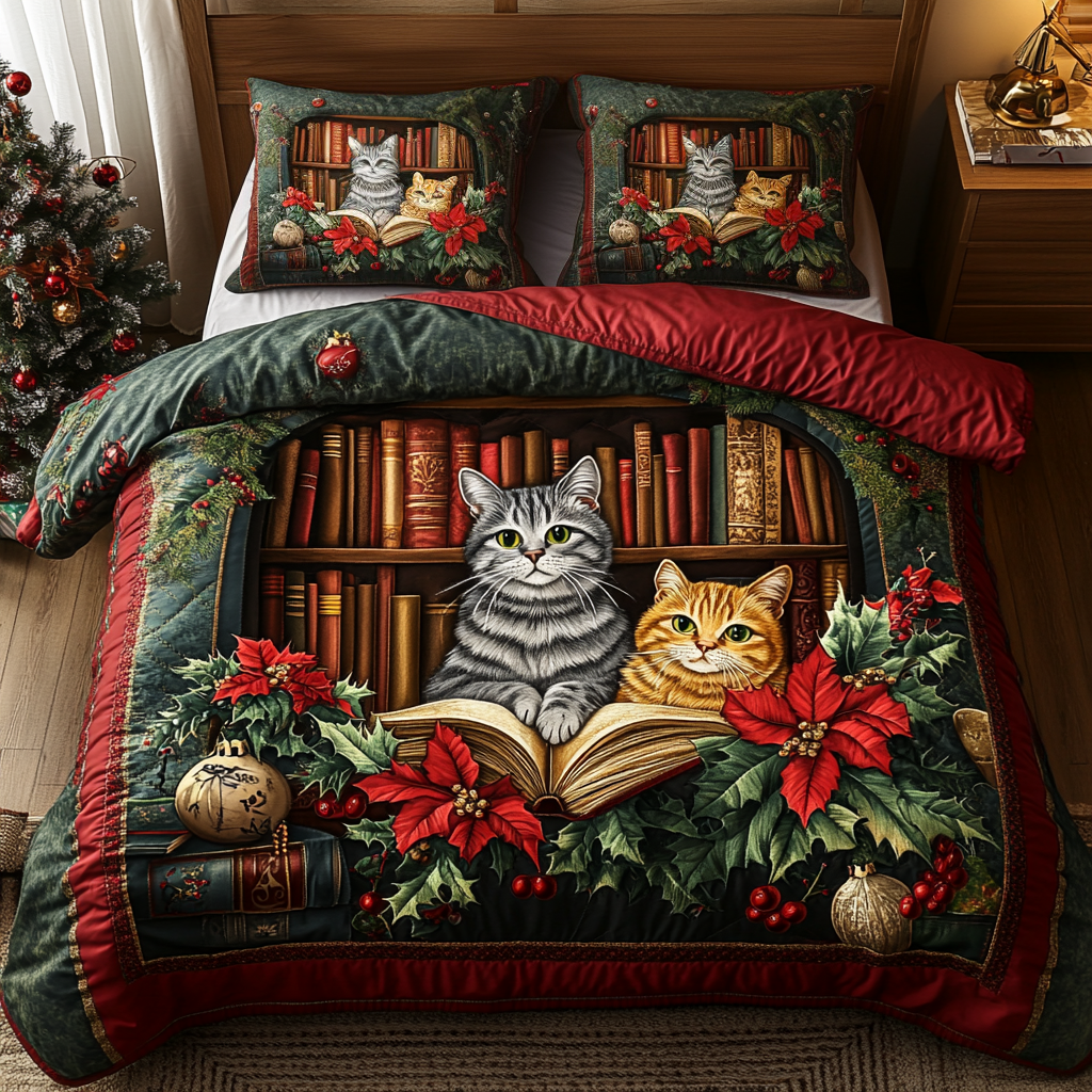 Cozy Cat Library Quilted Bedding Set Bookish Gift Ideas