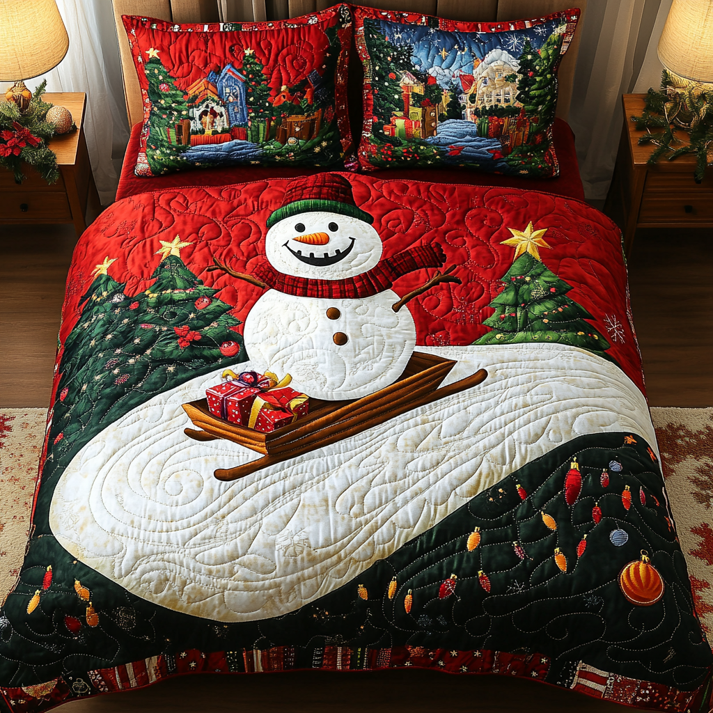 Cozy Snowman Quilted Bedding Set Family Xmas Presents