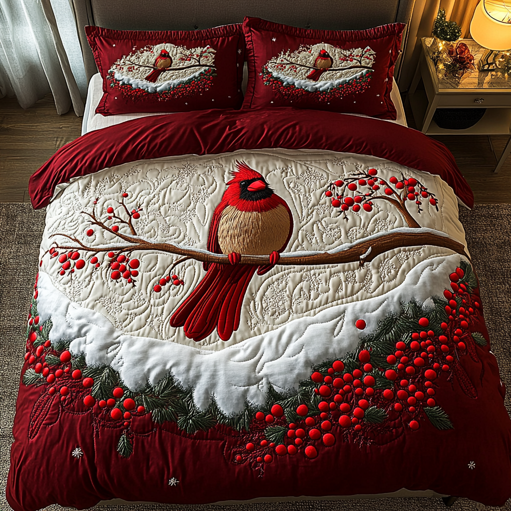 Crimson Serenity Quilted Bedding Set Cardinal Christmas Gift