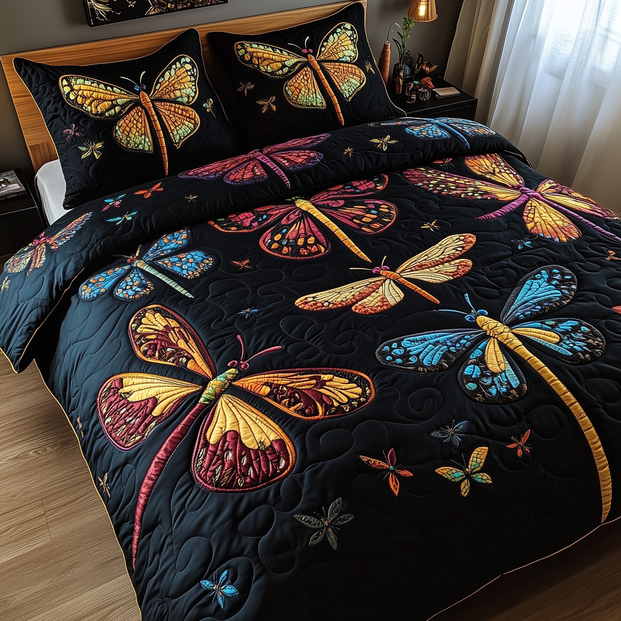Dancing Wings Quilted Bedding Set Glorious Dragonflies Calm Insect Bedding Decor