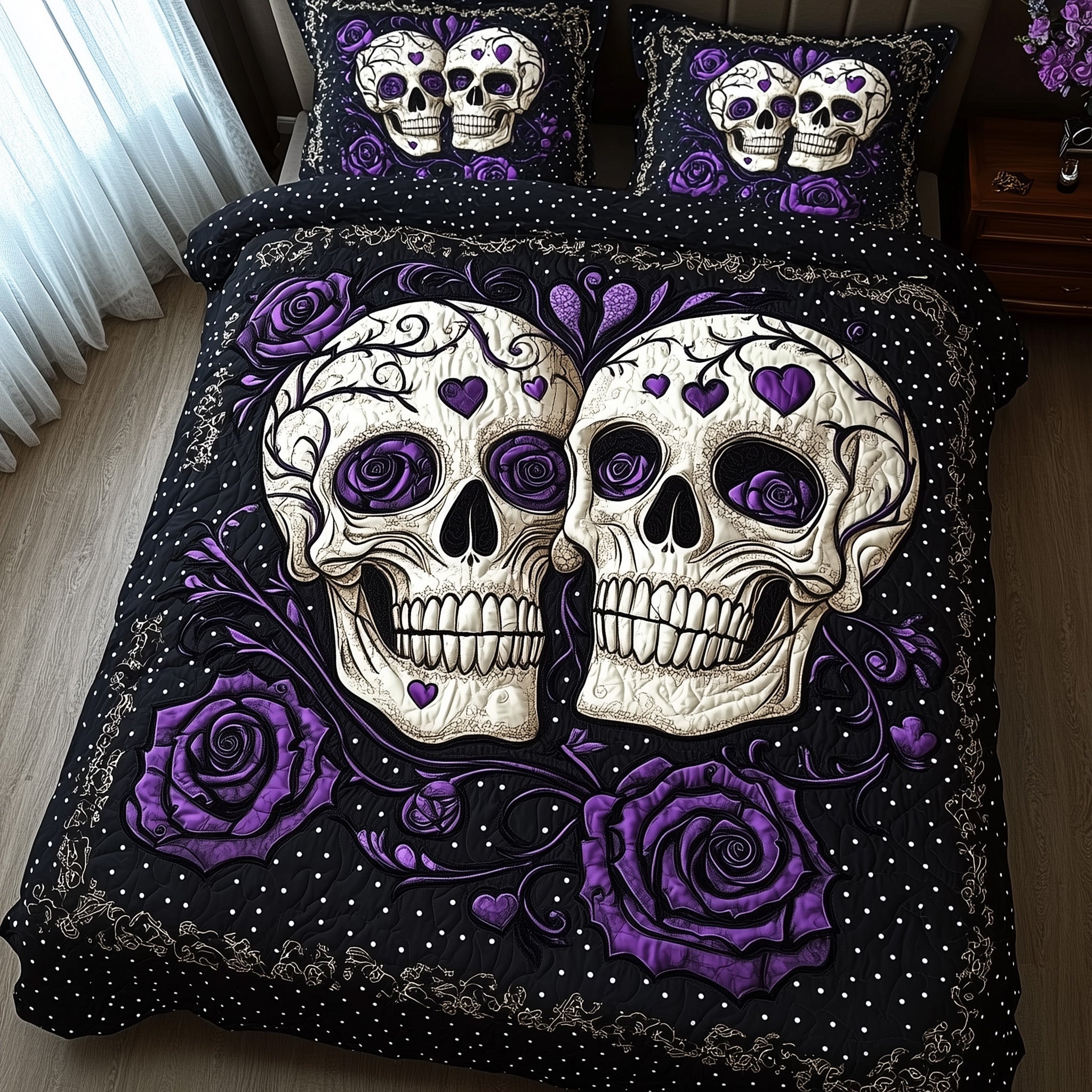 Dark Elegance Quilted Bedding Set Gothic Skull Purple Rose Decor Haunted Bedding Gift Ideas