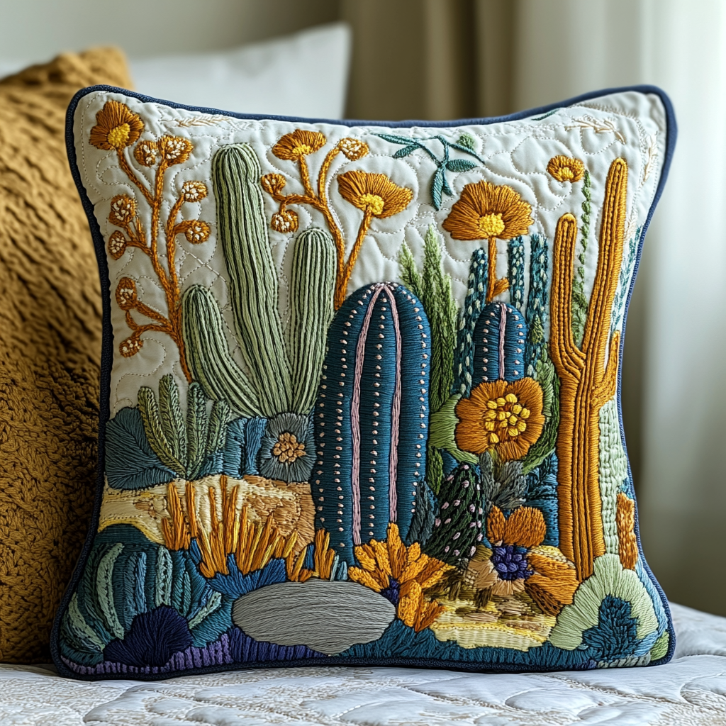 Desert Bloom Quilted Pillow Case Throw Pillow Covers Cactus Housewarming Gift