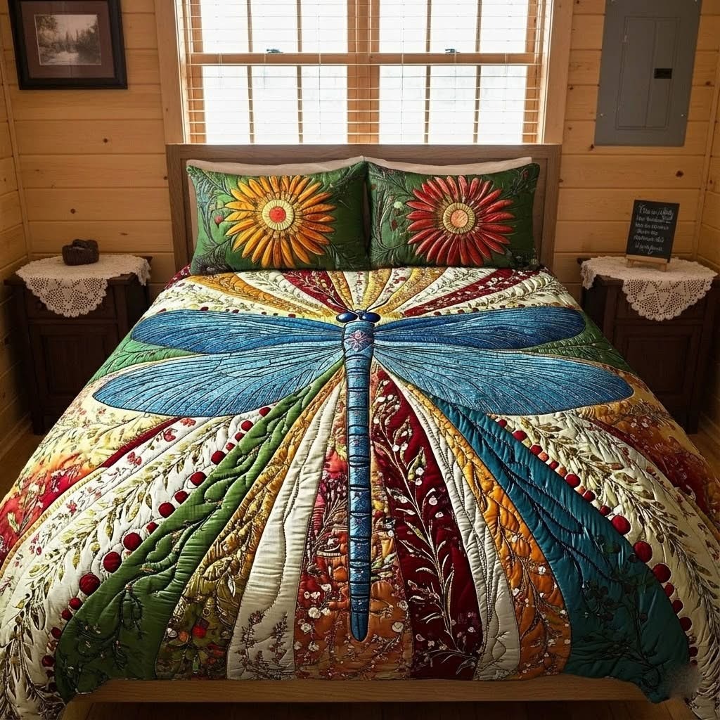 Dragonfly Garden Quilted Bedding Set Nature Inspired Bed Sheet Set Dragonfly Gift Items