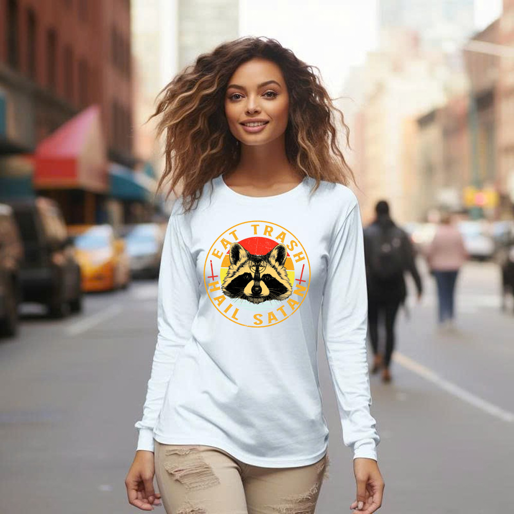 Eat Trash Hail Satan Shirt Racoon Graphic Retro Long Sleeve Shirt Design Gift For Him Basgiathsweatshirts - Image 2