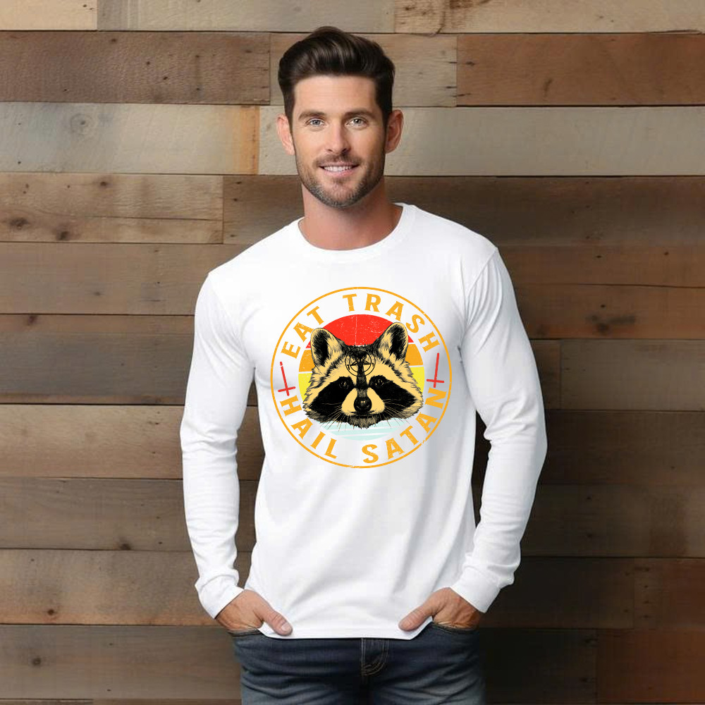 Eat Trash Hail Satan Shirt Racoon Graphic Retro Long Sleeve Shirt Design Gift For Him Basgiathsweatshirts - Image 4