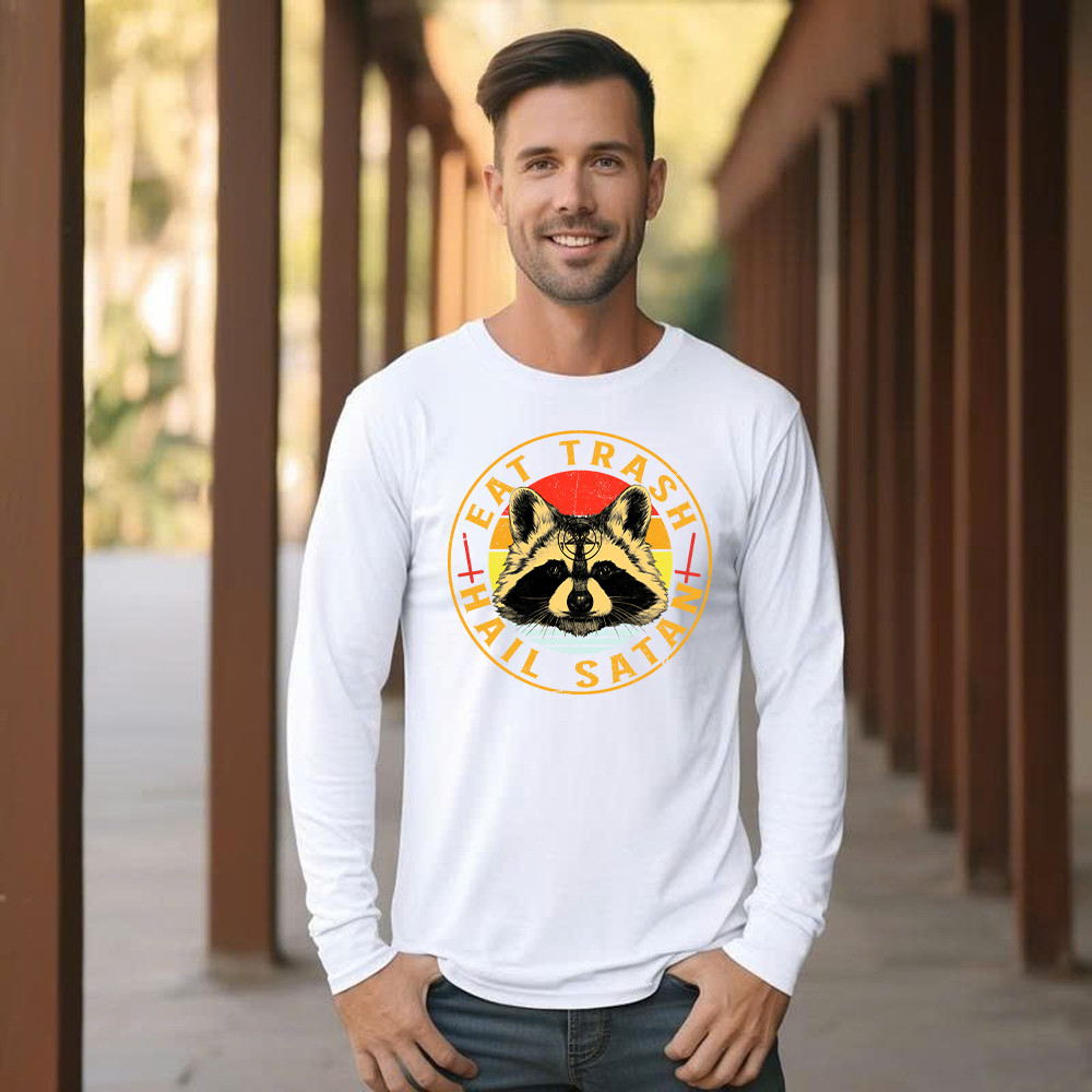 Eat Trash Hail Satan Shirt Racoon Graphic Retro Long Sleeve Shirt Design Gift For Him Basgiathsweatshirts - Image 3