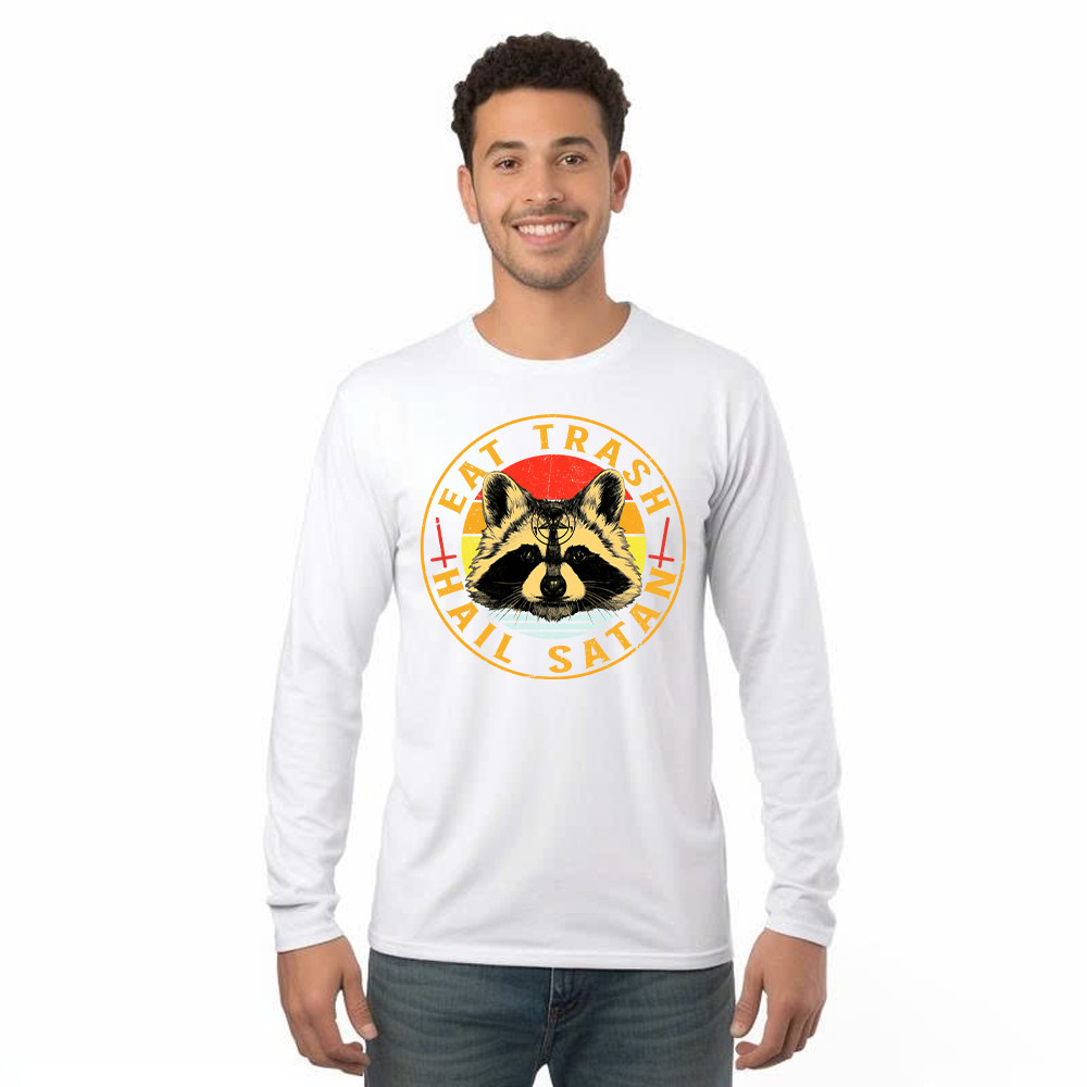Eat Trash Hail Satan Shirt Racoon Graphic Retro Long Sleeve Shirt Design Gift For Him Basgiathsweatshirts
